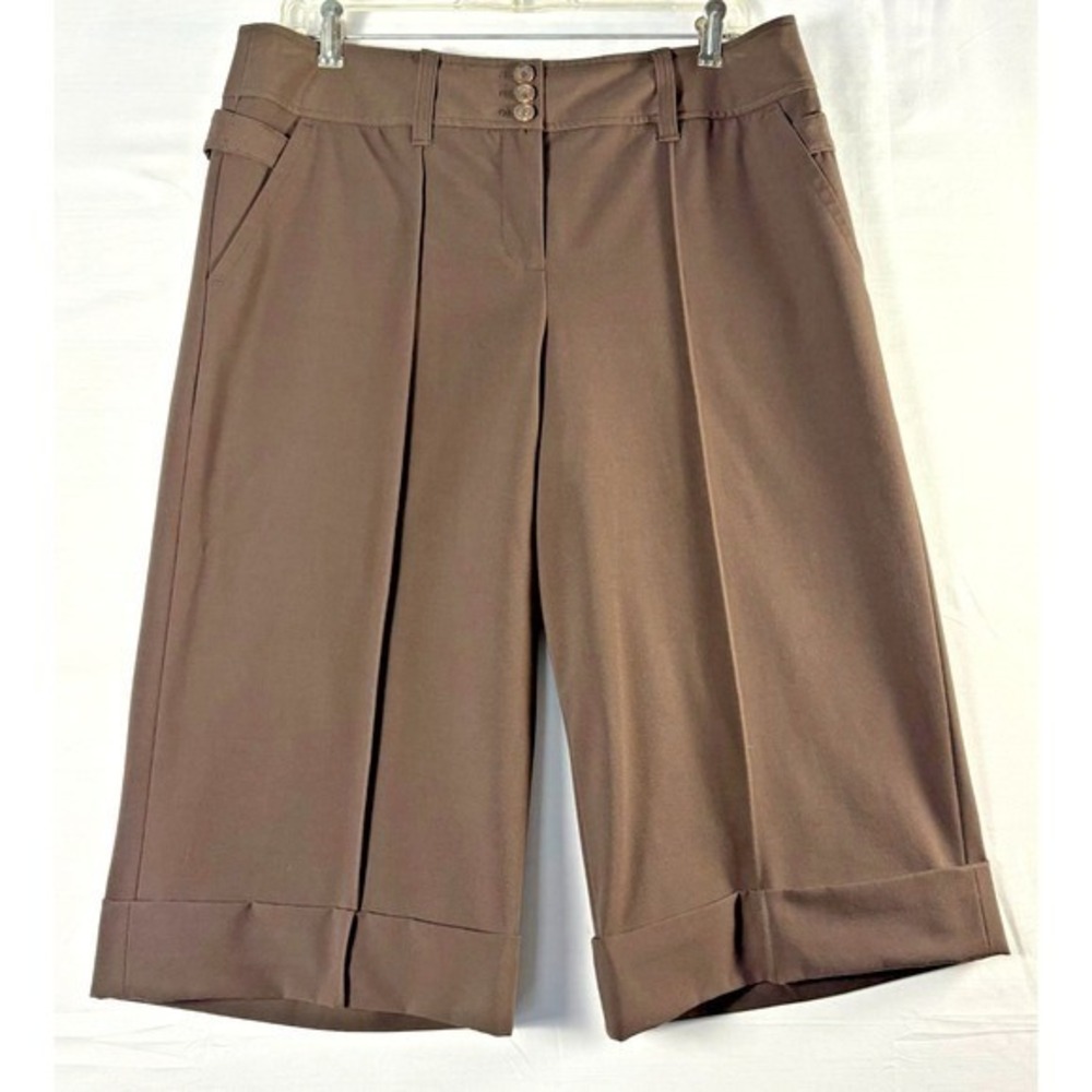 Ann Taylor Loft Womens Brown Wide Leg Cropped Pleated Cuffed Trousers Size 10
